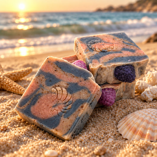 Three handmade rectangular bars of soap  with  berry on top, stacked and leaning on a plain light background. The soap has a marbled pattern of dusty pink, dark blue, and beige, with visible purple stone inclusions.
