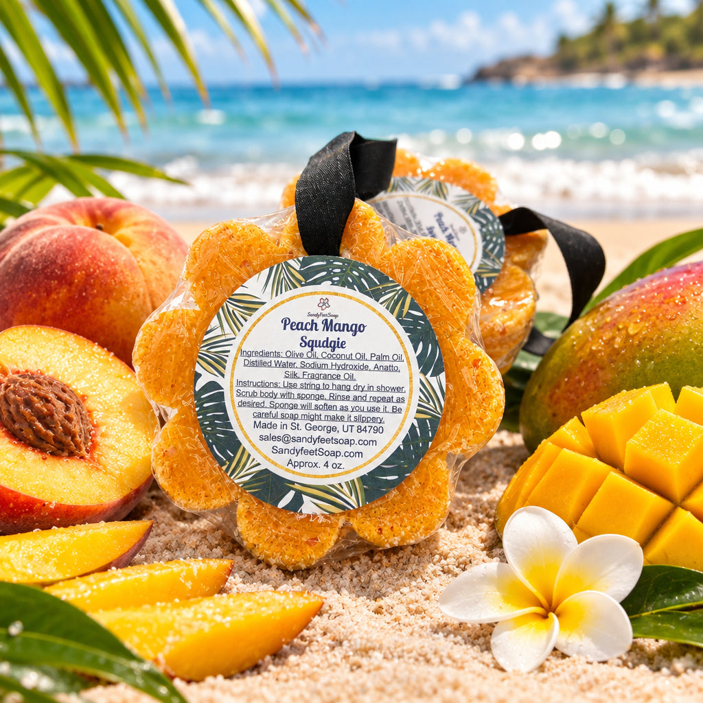 A peach mango scented soap sponge in a clear plastic bag with a black ribbon and a round paper label, photographed on a plain white background.